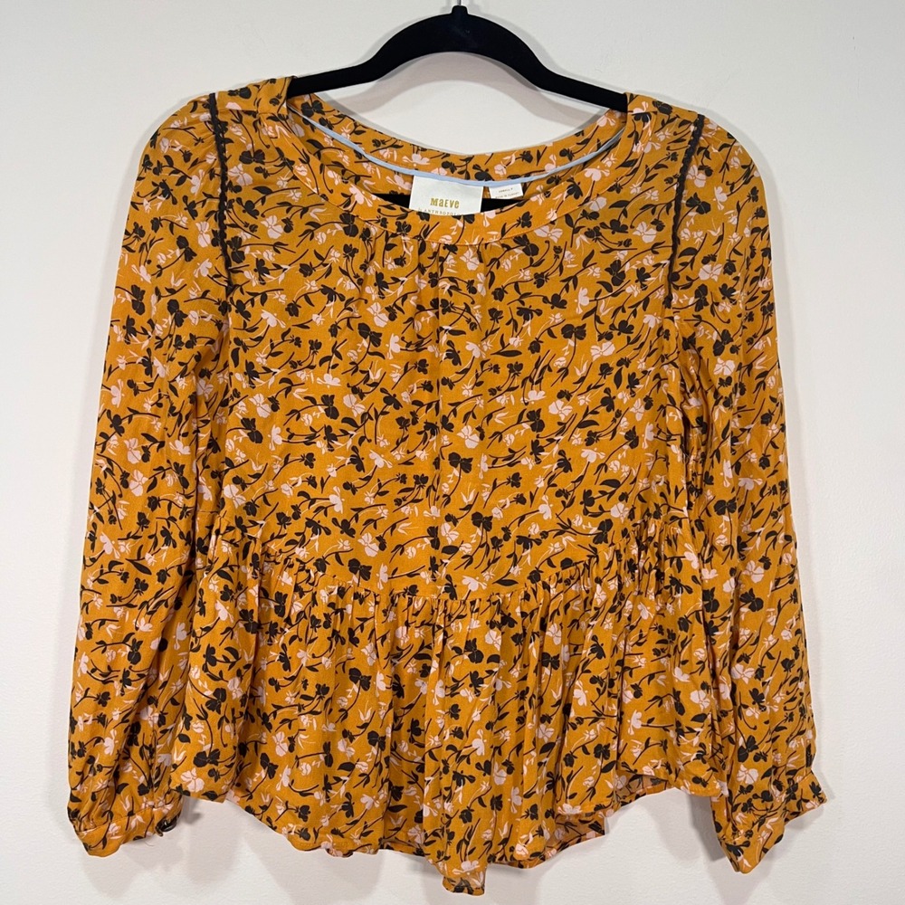 Maeve Anthropologie Mustard Floral Blouse Peplum Boho Size S
